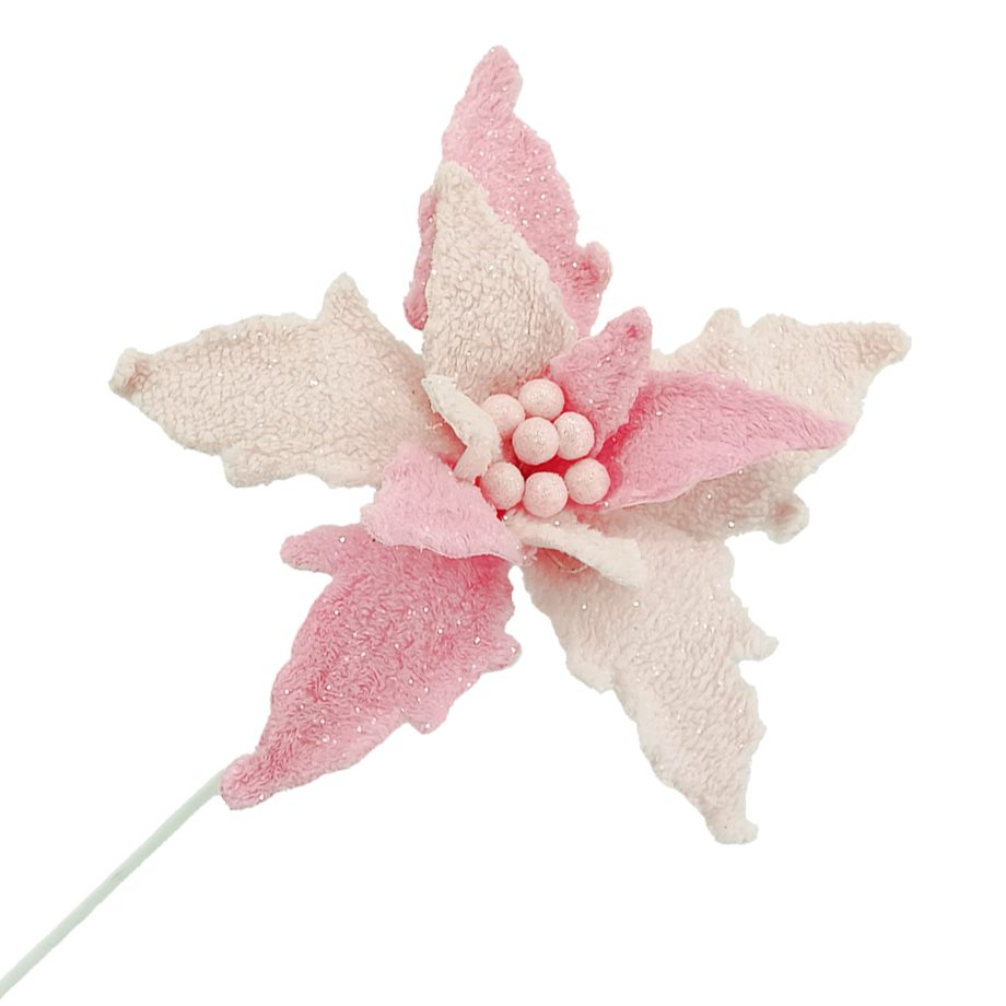 POINSETTIA STEM PINK 21" FUR FABRIC W/ GLITTER