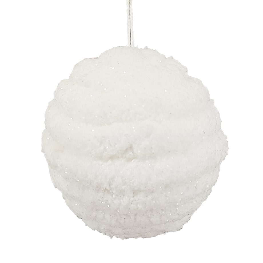 BALL FABRIC FAUX FUR 5"  WHITE RIBBED W/ GLITTER