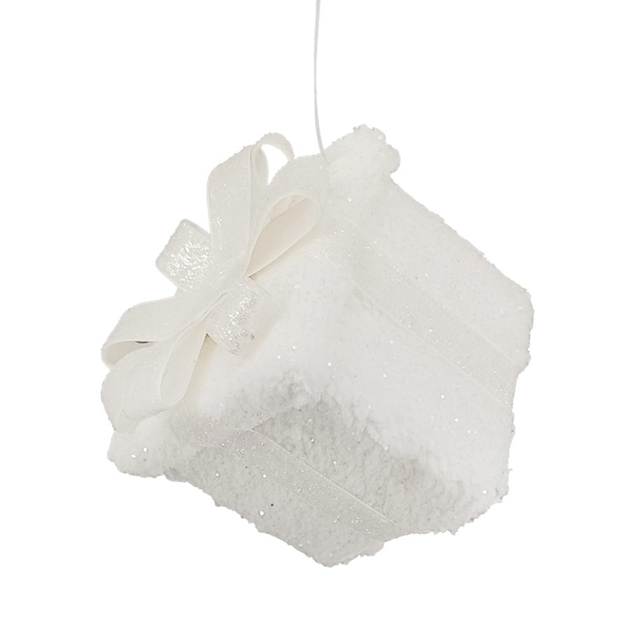 PRN GIFT BOX FUR FABRIC WHITE 4" W/ BOW & GLITTER