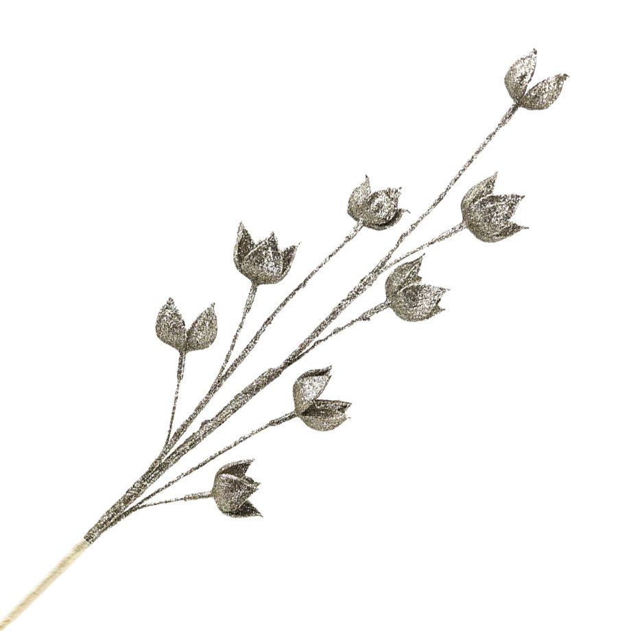 SPRAY FLOWER/ COTTON PODS CHAMPAGNE GOLD 31" GLITTER