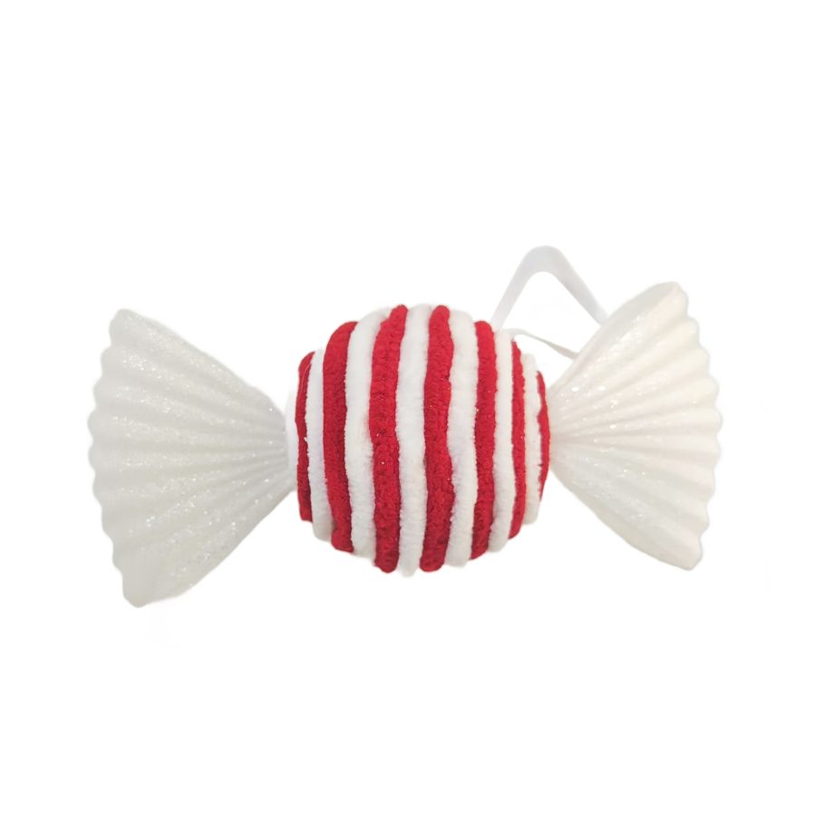 ORN CANDY CANE FUR FABRIC WHITE/RED 7" RIBBED GLITTER