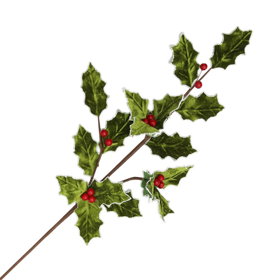 SPRAY LEAVES HOLLY 31.5" W/ RED BERRIES GREEN/RED VEVLET W/ WHITE EDGES