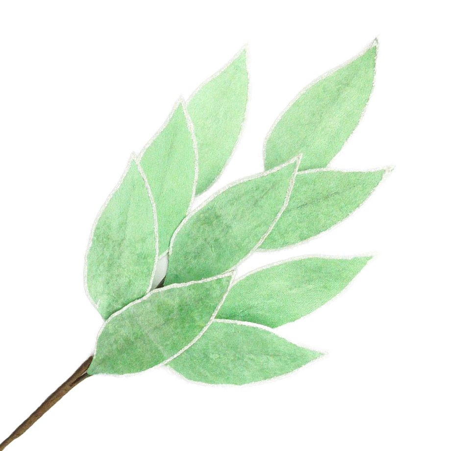 SPRAY HOLLY LEAF VELVET 24" MINT/WHITE TRIM W/ GLITTER