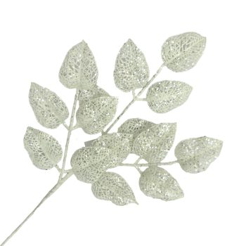 SPRAY ROSE LEAF SHEER 22.5" WHITE/SILVER W/ GLITTER