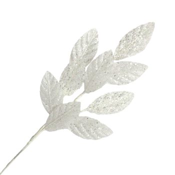 SPRAY MAGNOLIA LEAF SHEER 24" WHITE/SILVER W/ GLITTER