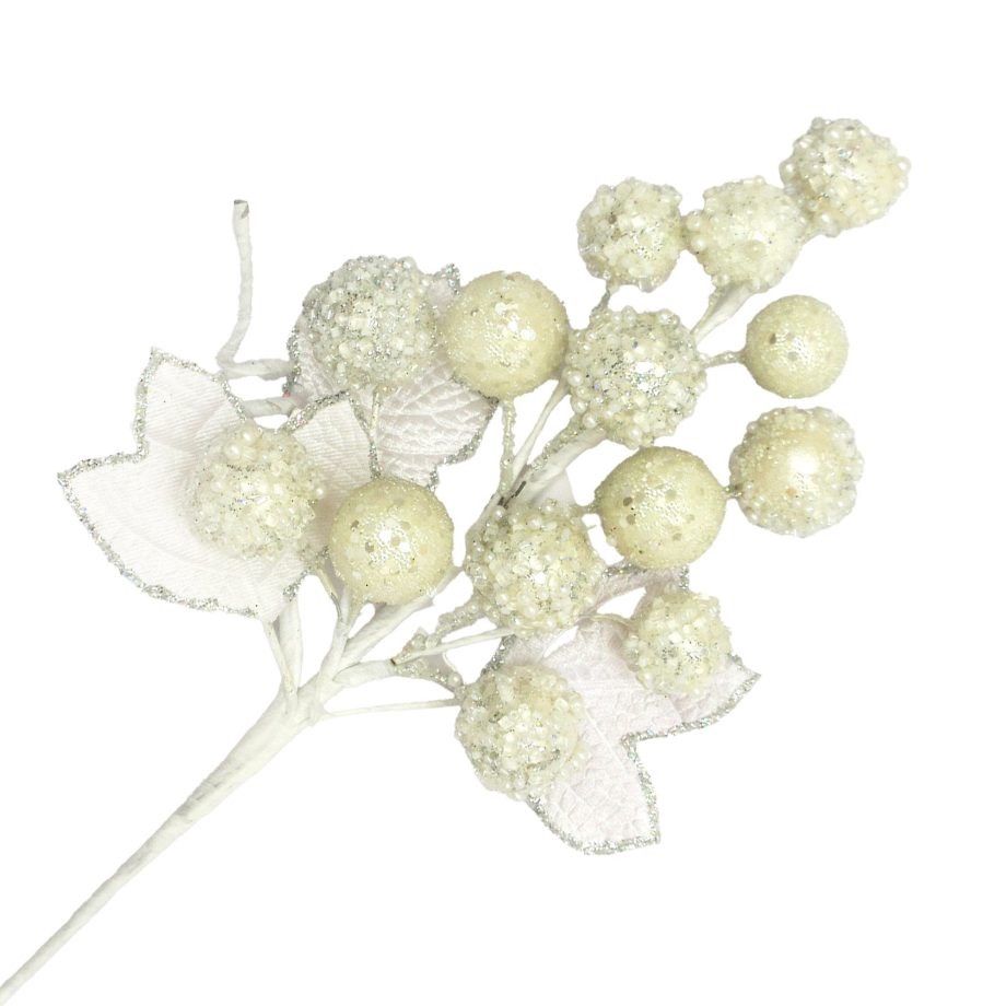 PICK BERRY LEAF VELVET 13" IVORY/SILVER W/ GLITTER & BEAD