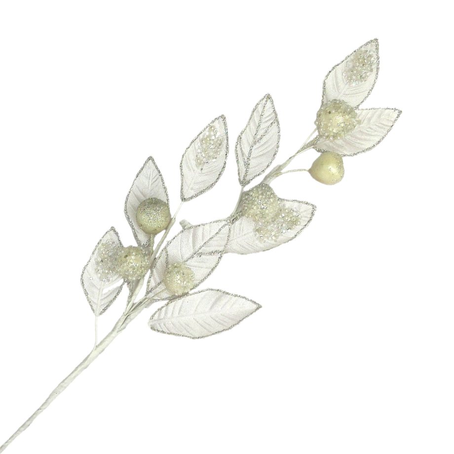 SPRAY BERRY LEAF VELVET 30" IVORY/SILVER W/ GLITTER & BEAD