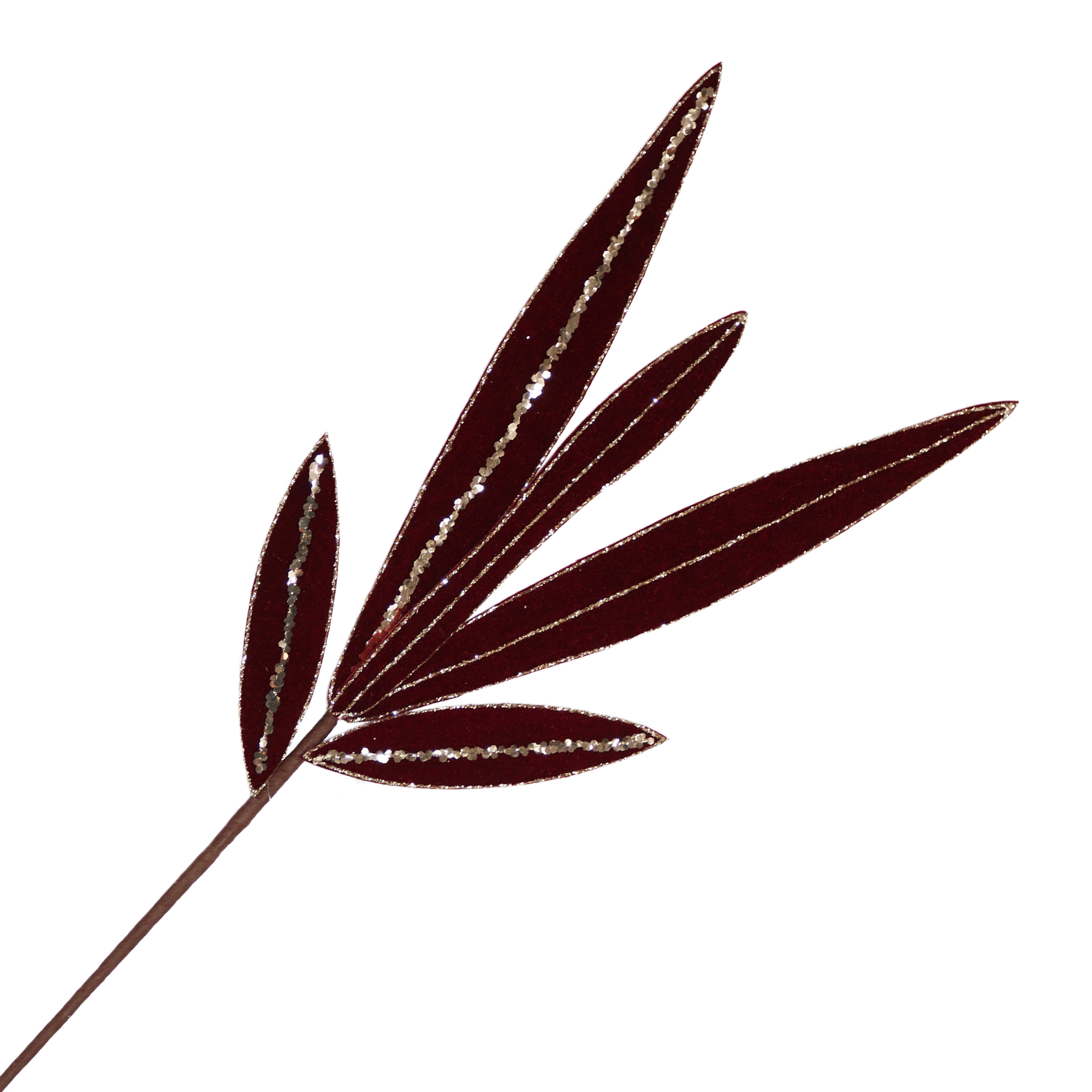 SPRAY LONG LEAF VELVET BURGUNDY/ROSE GOLD 22.5" W/ GLITTER