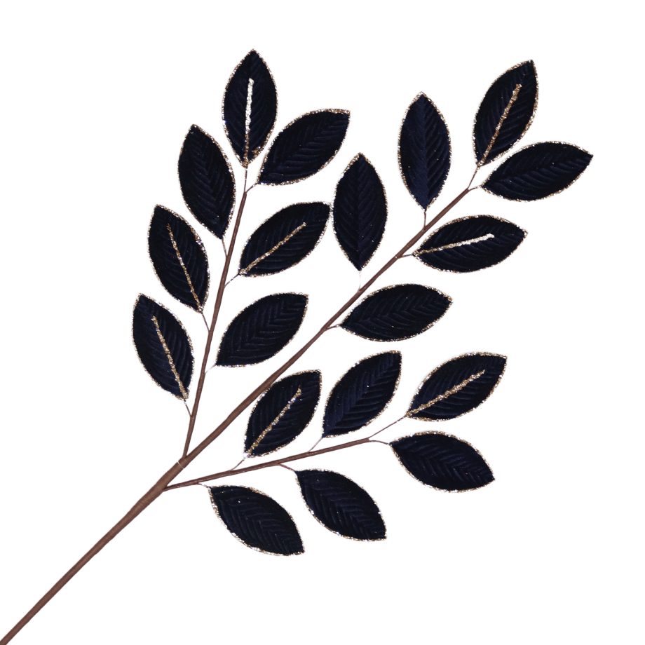 SPRAY MAGNOLIA MINI-LEAF VELVET NAVY BLUE/ROSE GOLD 26" RIBBED W/ GLITTER
