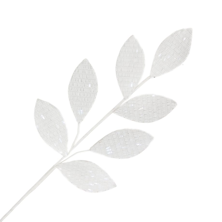 SPRAY MAGNOLIA LEAF VELVET WHITE 27" SEQUINS W/ GLITTER