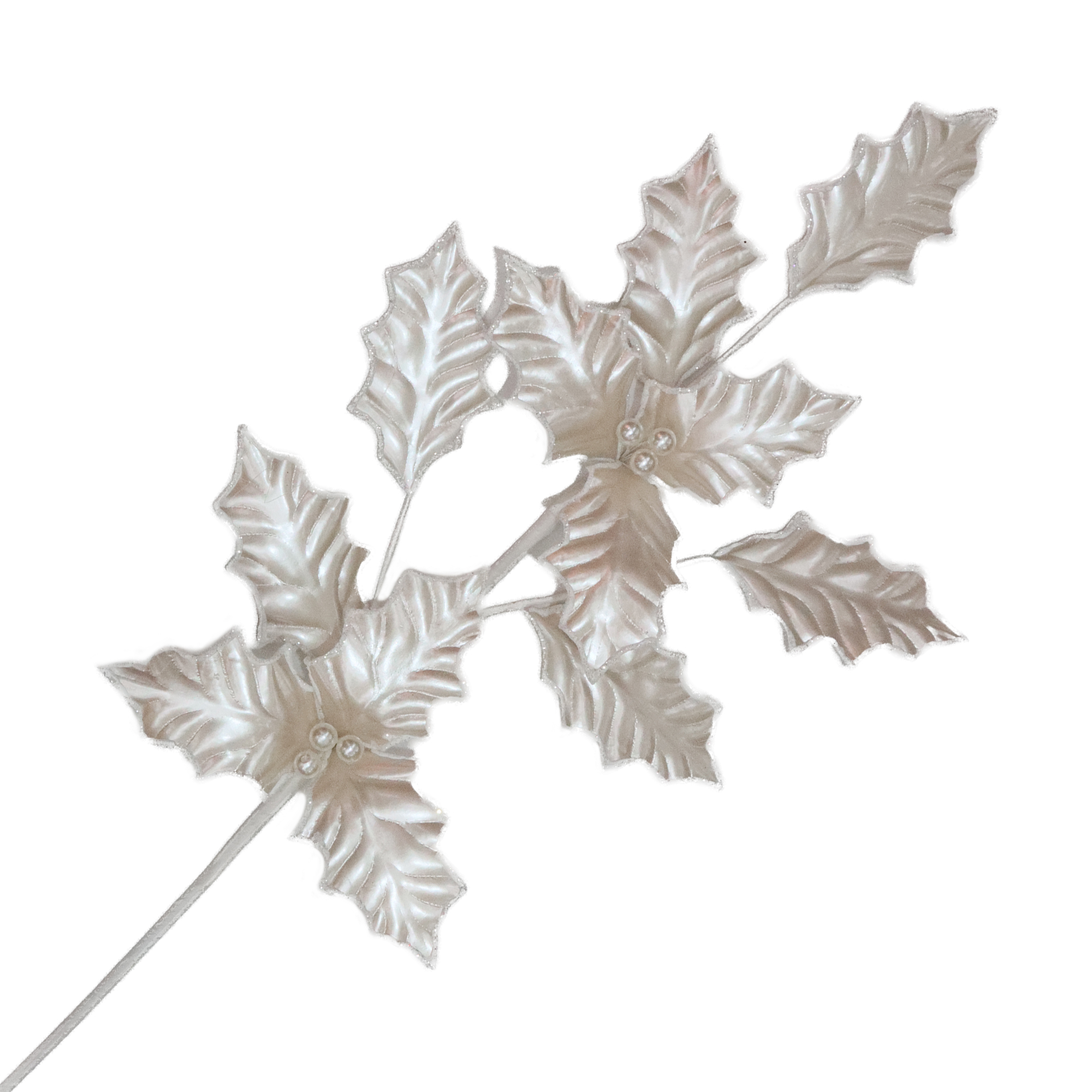 SPRAY HOLLY LEAF FABRIC PEARL WHITE 27.5" RIBBED W/ GLITTER & PEARL BEADS