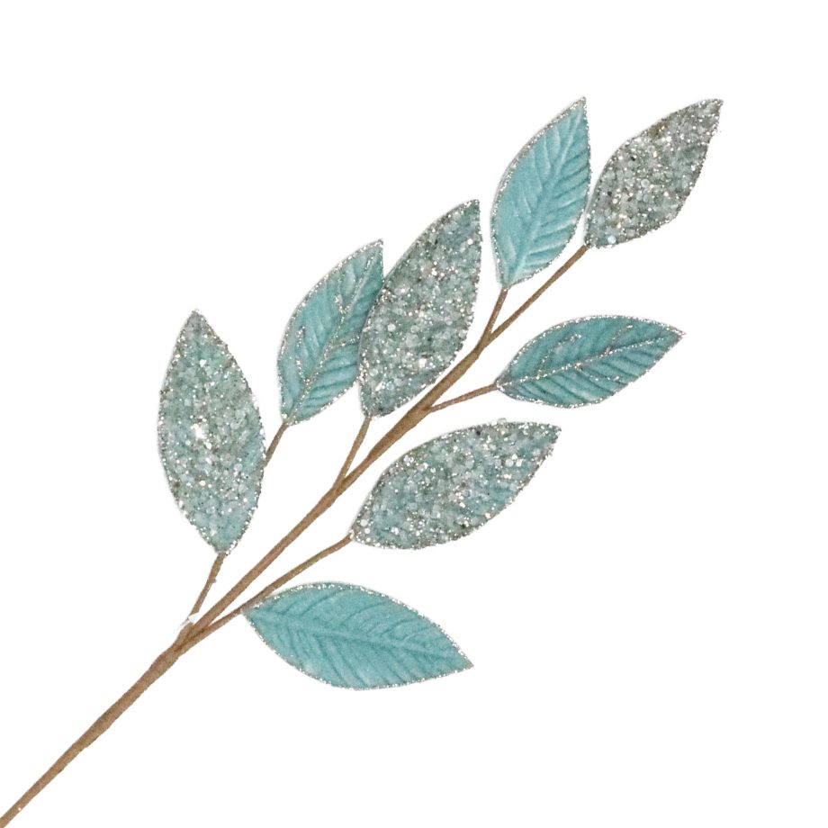 SPRAY MAGNOLIA LEAF VELVET LT . BLUE/CHAMPAGNE 29" ICED W/ GLITTER