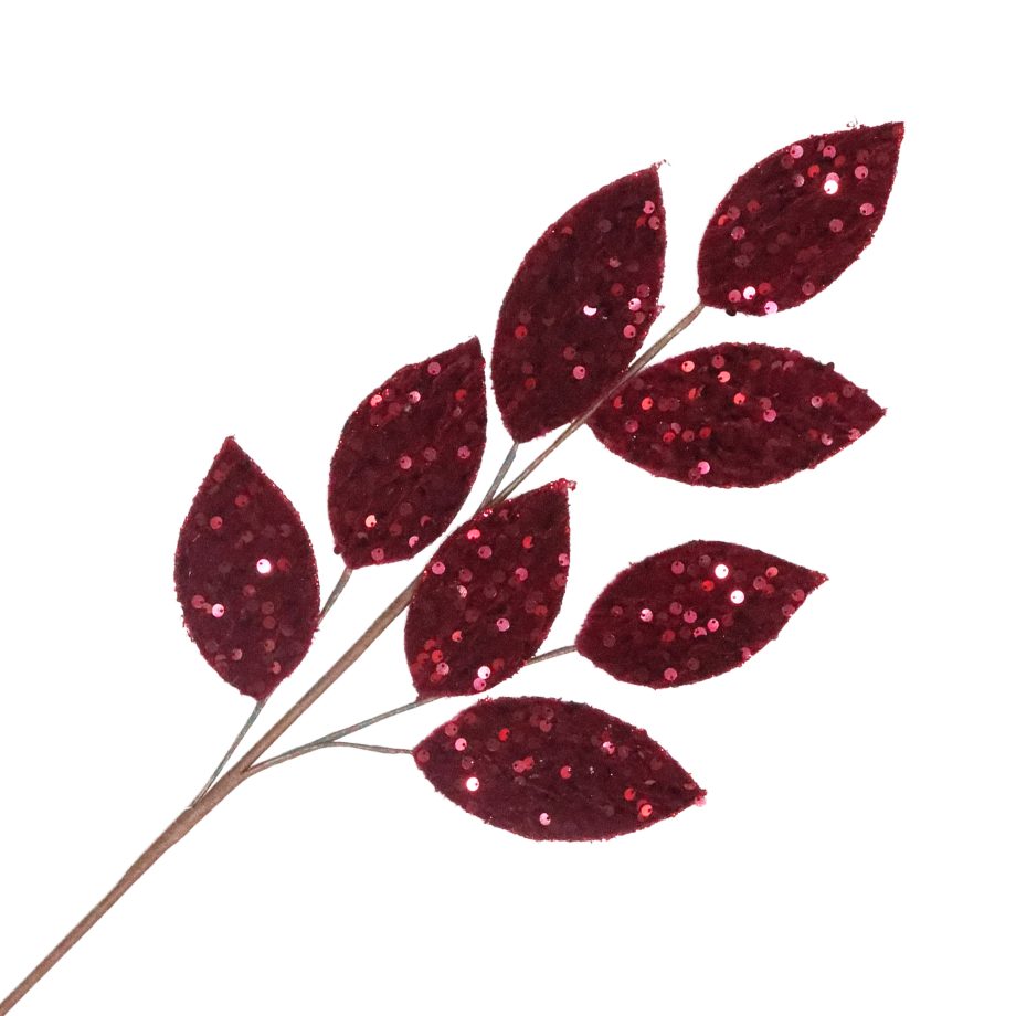 SPRAY MAGNOLIA LEAF VELVET BURGUNDY 27" W/ SEQUINS