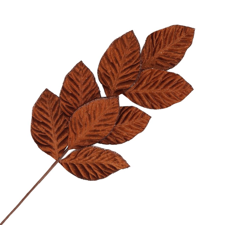 SPRAY MAGNOLIA LEAF FABRIC LT. BROWN 28" RIBBED W/ GLITTER