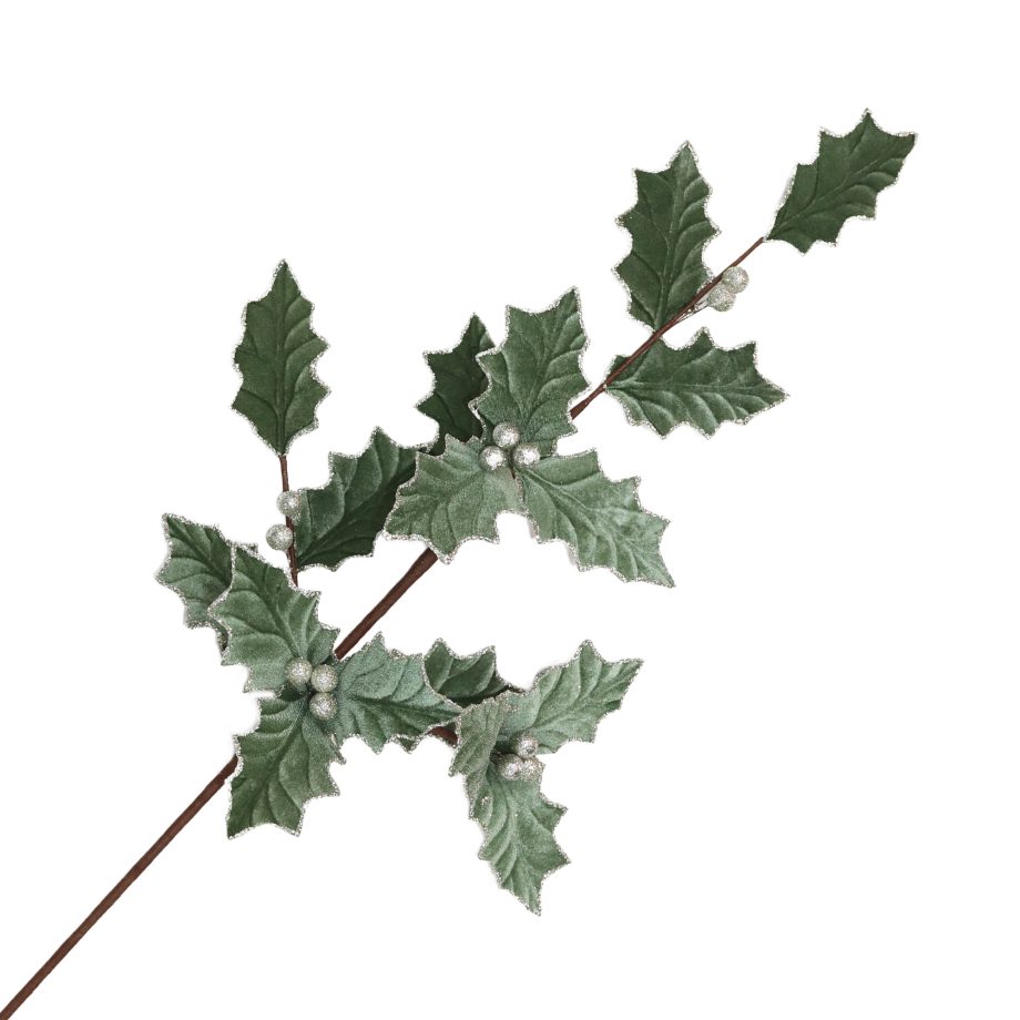 SPRAY HOLLY LEAF VELVET SAGE 32.5" W/ GLITTER TRIM & RED BERRIES