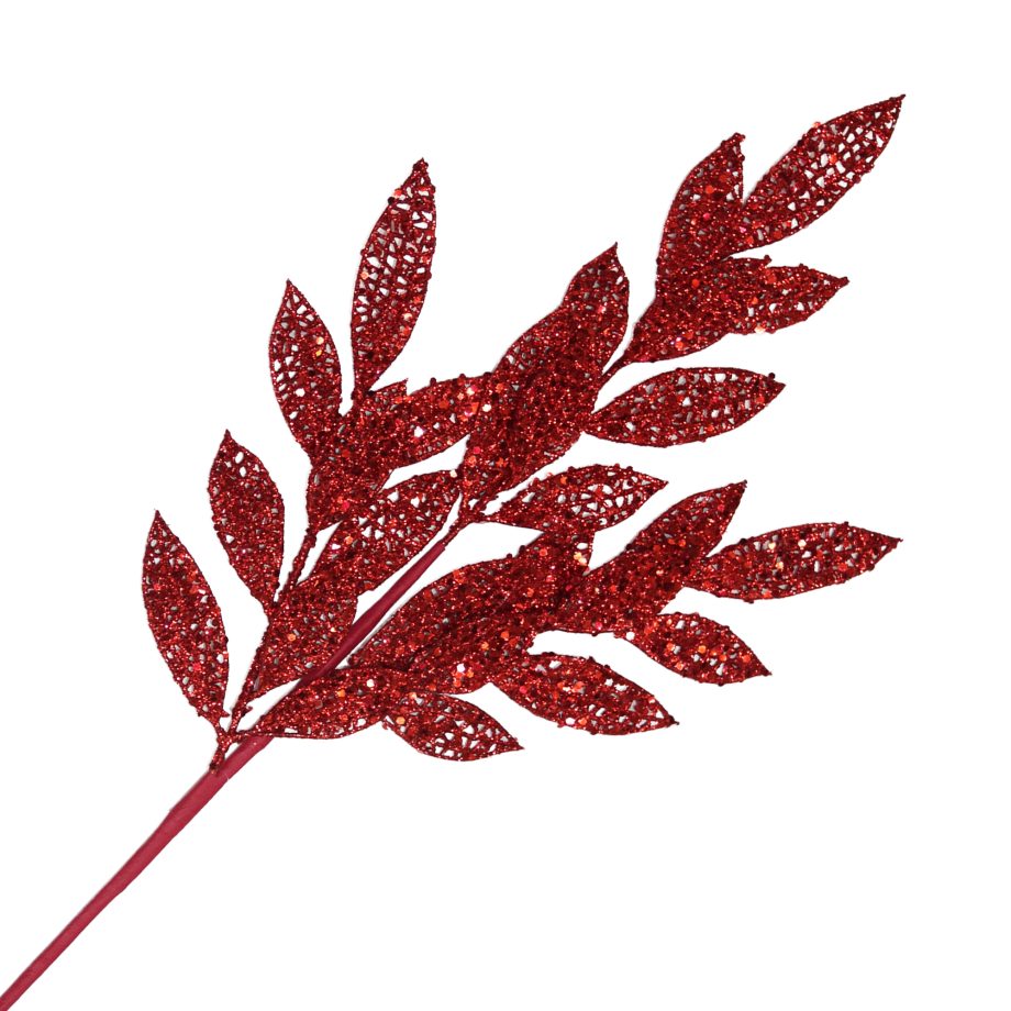 SPRAY LEAF MESH RED 26" W/ GLITTER