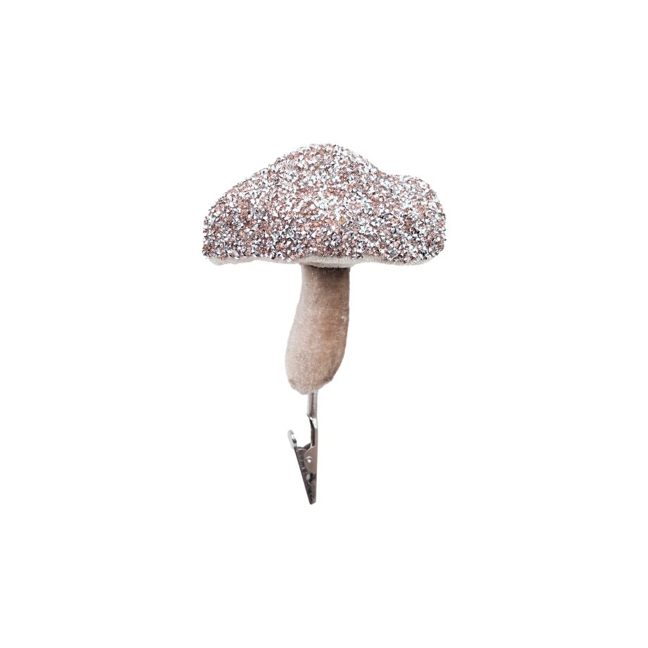 ORN MUSHROOM 4.5" PINK W/ MINI-DIAMOND BEADS & GLITTER CAP & CLIP