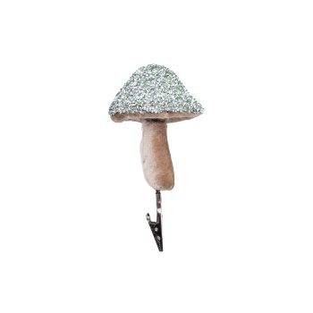 ORN MUSHROOM 4.5" MINT W/ MINI-DIAMOND BEADS & GLITTER CAP & CLIP