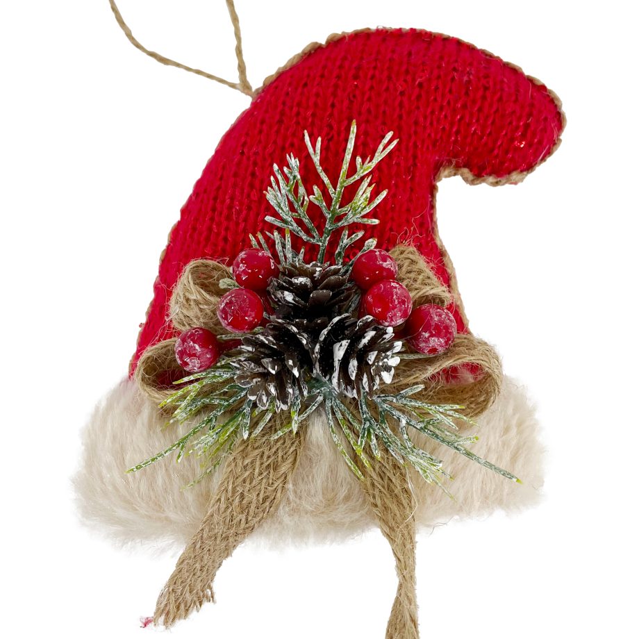 ORN HAT KNITTED FABRIC 5" RED/NATURAL W/ BOW OF SNOW-DUSTED PINE CONE & BERRIES