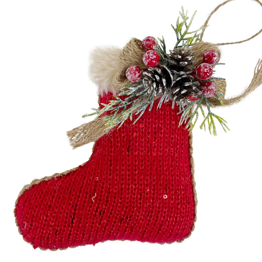 ORN STOCKING KNITTED FABRIC 5" RED/NATURAL W/ BOW OF SNOW-DUSTED PINE CONE & BERRIES