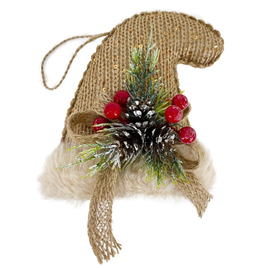 ORN HAT KNITTED FABRIC 5" CHAMPAGNE/NATURAL W/ BOW OF PINE CONE & BERRIES
