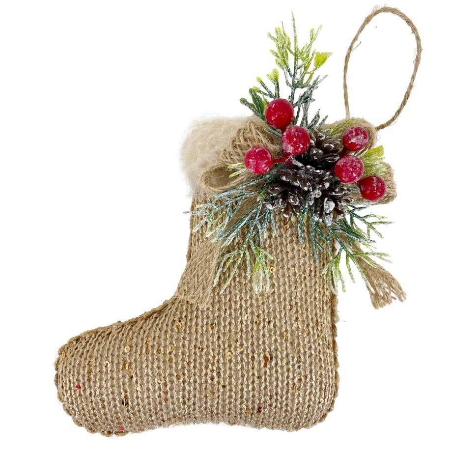 ORN STOCKING KNITTED FABRIC 5" CHAMPAGNE/NATURAL W/ BOW OF PINE CONE & BERRIES