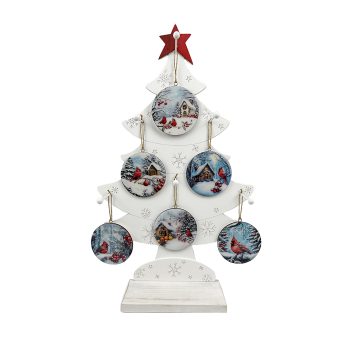 ORN DSP WOODEN ROUND REINDEER 4" WINTER SCENES GLOSSY FINISH W/ DISPLAY 6 ASSTD.