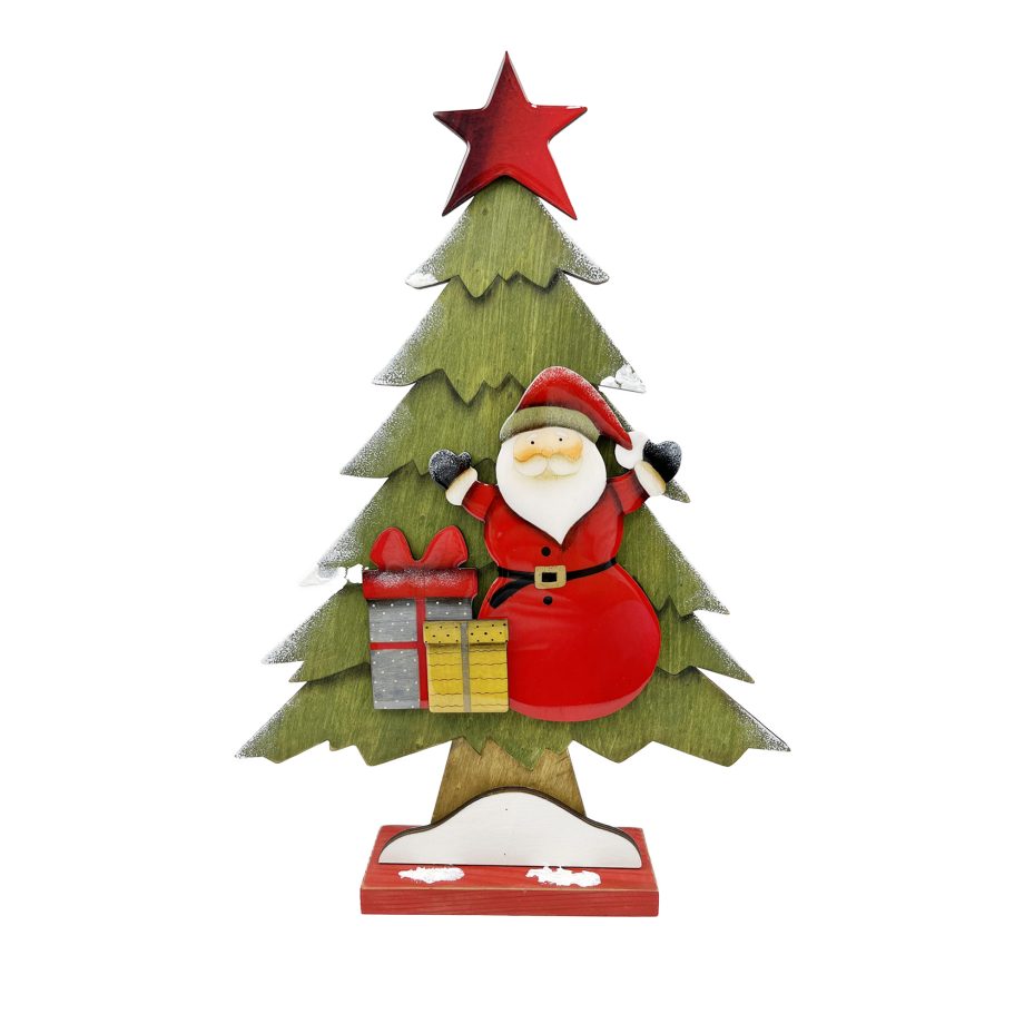WOODEN TREE STAND 16" W/ RED STAR, SANTA, GIFTS & SNOW DECOR GLOSSY FINISH