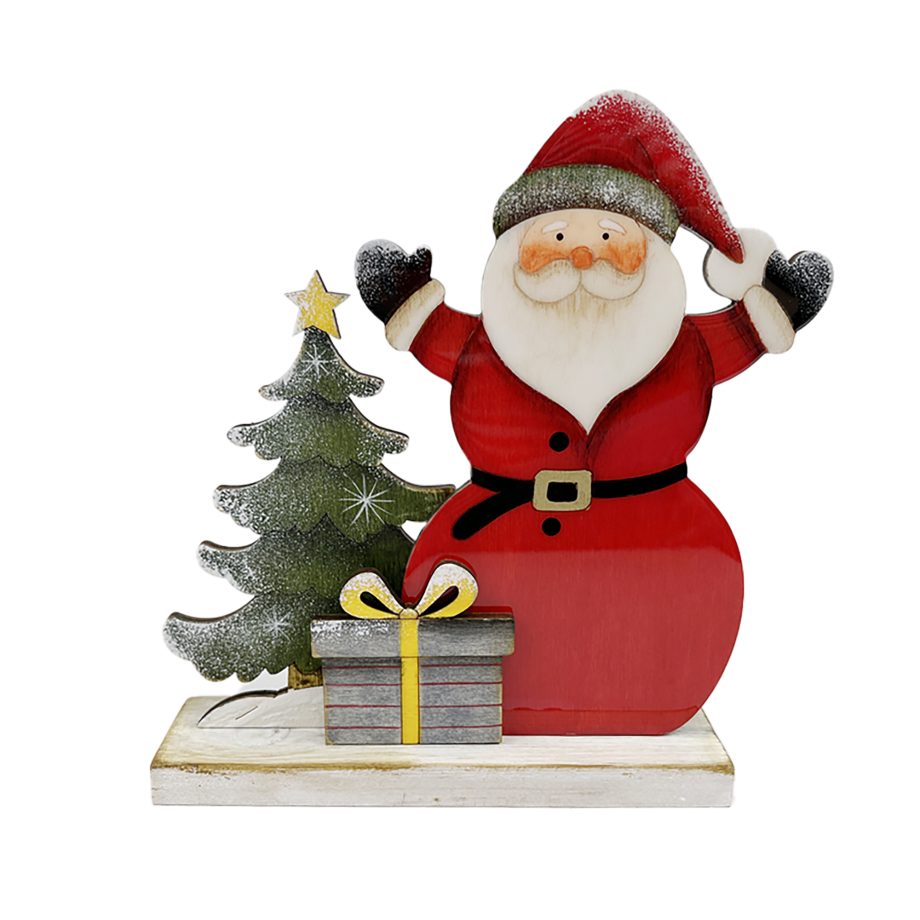 WOODEN STAND 7" SANTA IN RED SUIT, W/ TREE & GIFT GLOSSY FINISH