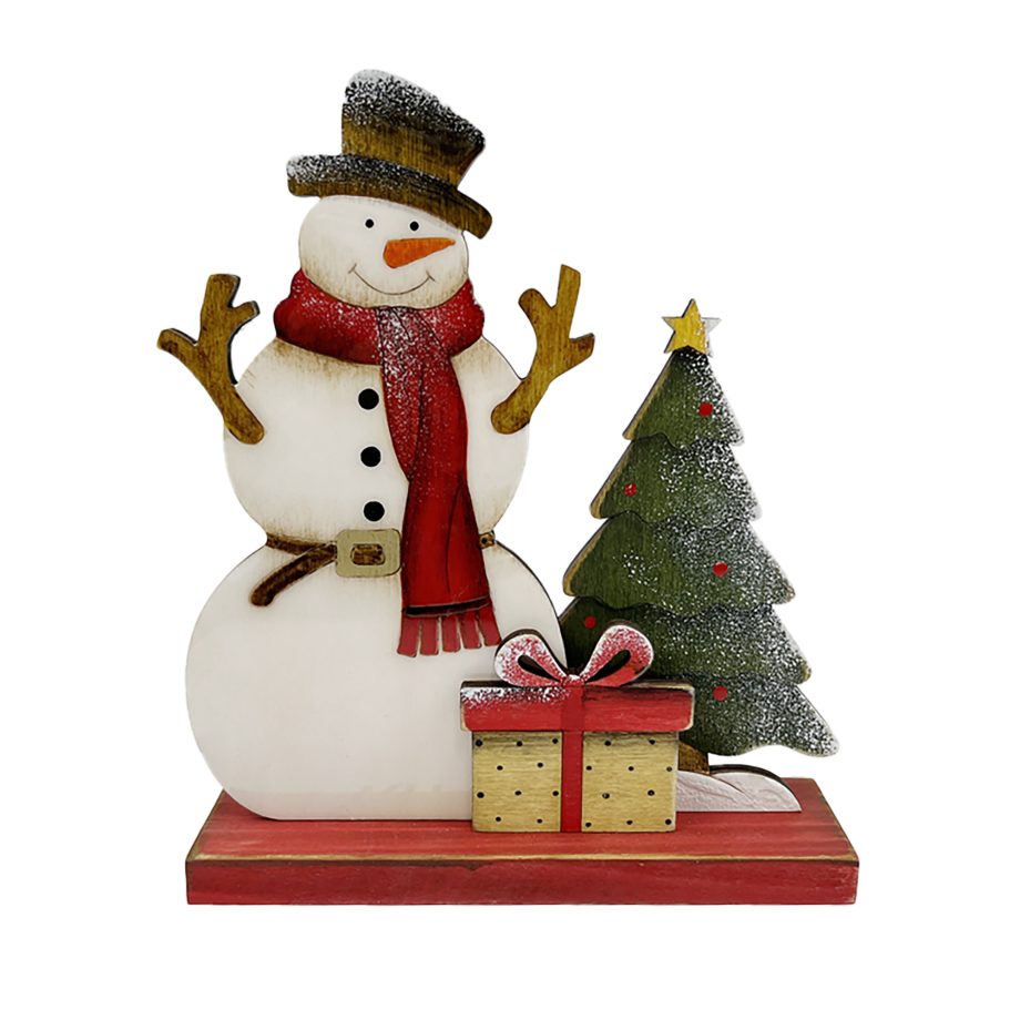 WOODEN STAND 7" SNOWMAN W/ RED SCARF, TREE & GIFT GLOSSY FINISH
