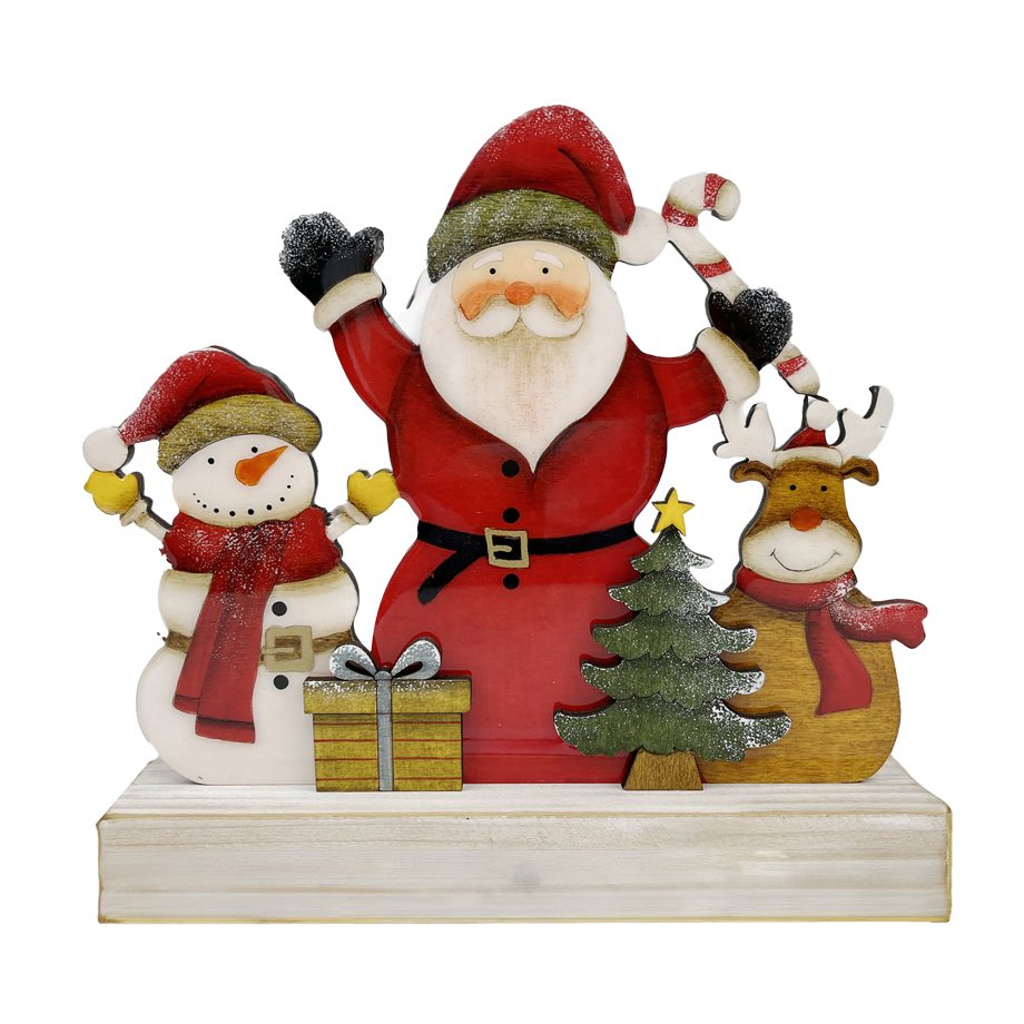 WOODEN STAND 8.5" SANTA HOLDING CANDY CANE W/ SNOWMAN & DEER GLOSSY FINISH