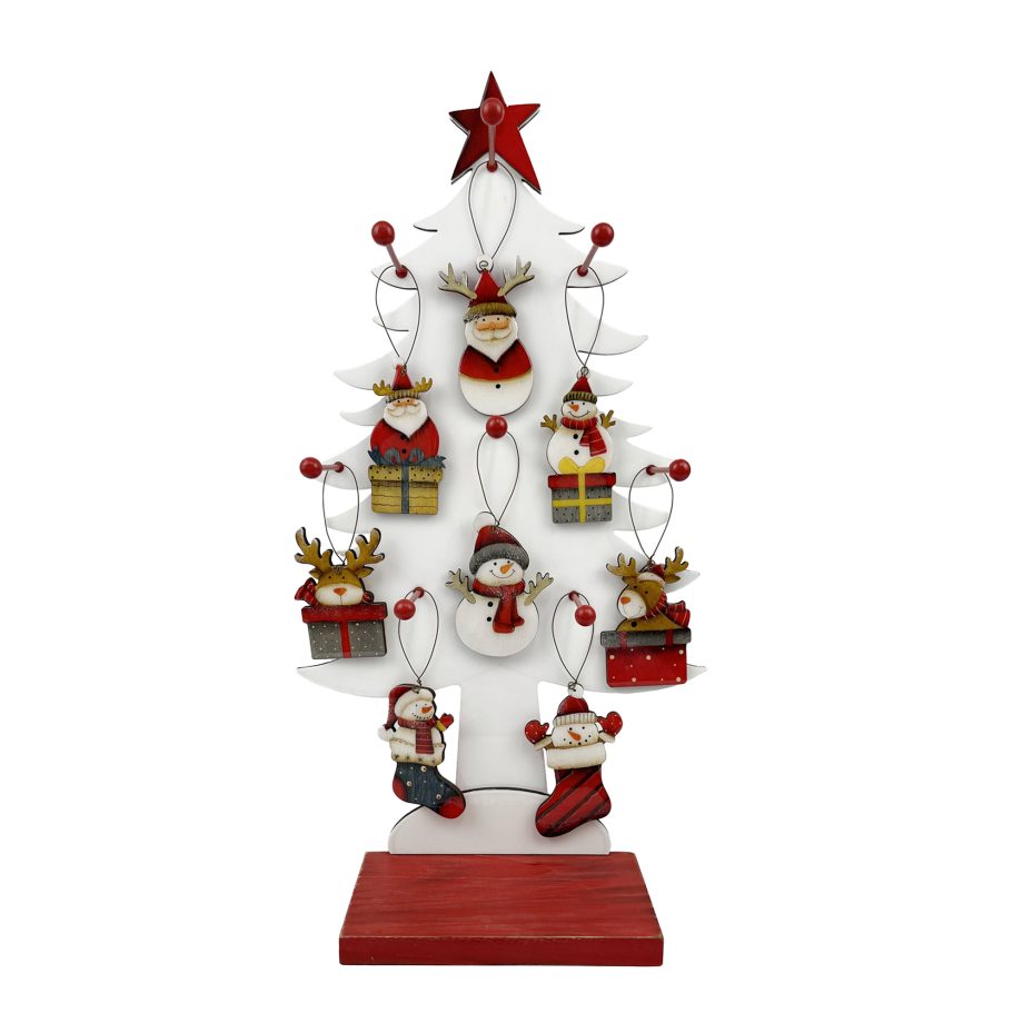 ORN DSP WOODEN 3.7" FESTIVE SANTA, SNOWMAN, REINDEER W/ DISPLAY 8 ASSTD.