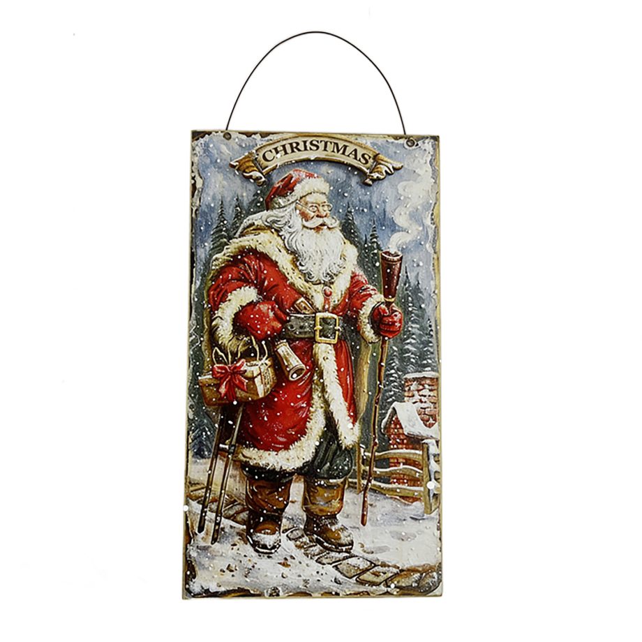WOODEN WALL DECOR PLAQUE 13" TRADITIONAL SANTA CARRYING GIFTS WINTER SCENE