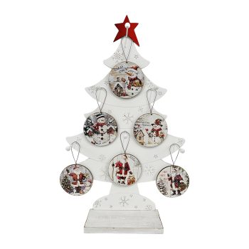 ORN DSP WOODEN ROUND SANTA & SNOWMAN 4" WINTER SCENES GLOSSY FINISH W/ DISPLAY 6 ASSTD.