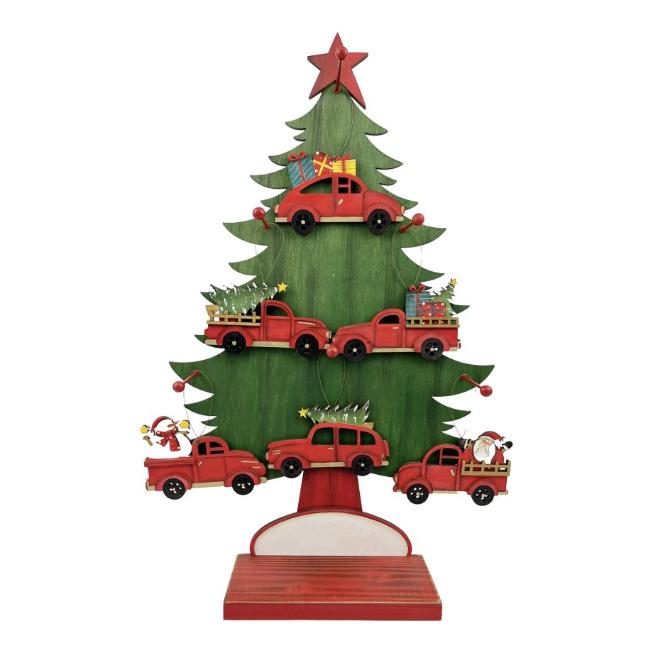 ORN DSP WOODEN VINTAGE CARS 5" W/ SANTA, SNOWMAN & TREE W/ DISPLAY 6 ASSTD.