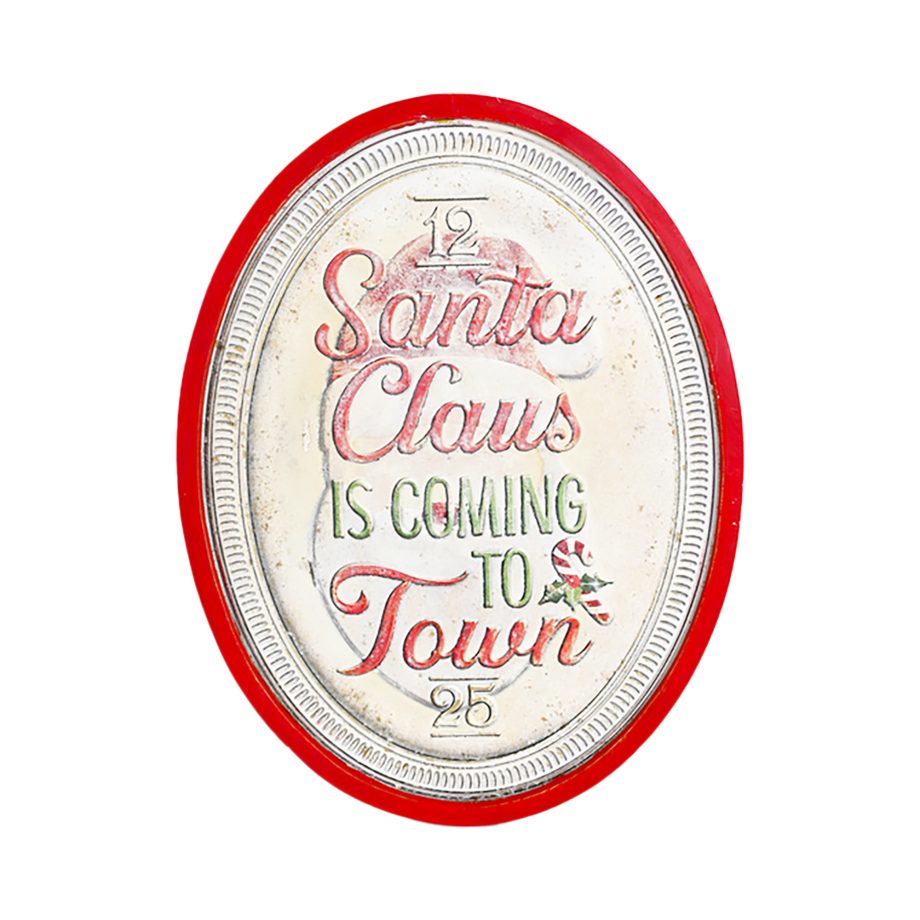 WOODEN OVAL-SHAPED SIGN CREAM/RED 20" "SANTA CLAUS IS COMING TO TOWN" WALL DECOR