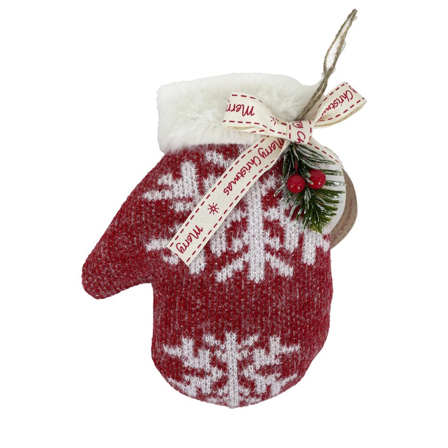 ORN FABRIC MITTEN 8" WHITE/RED W/ FUR TRIM & SNOWFLAKE PATTERN