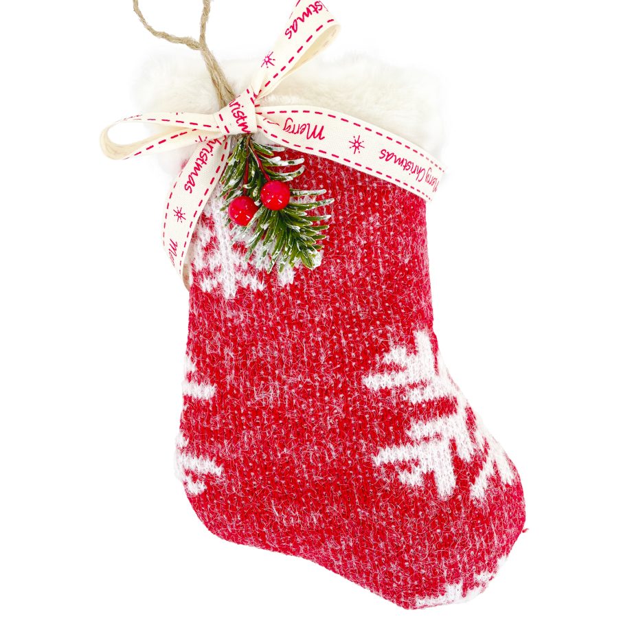 ORN FABRIC STOCKING 9" WHITE/RED W/ FUR TRIM & SNOWFLAKE PATTERN