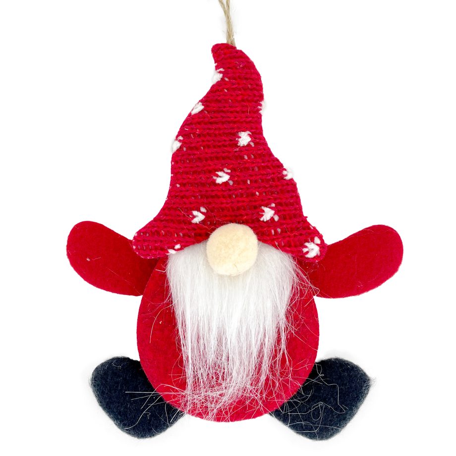 ORN GNOME FABRIC 6" RED/WHITE W/ SNOWFLAKE-LIKE PATTERN HAT & FUR BEARD