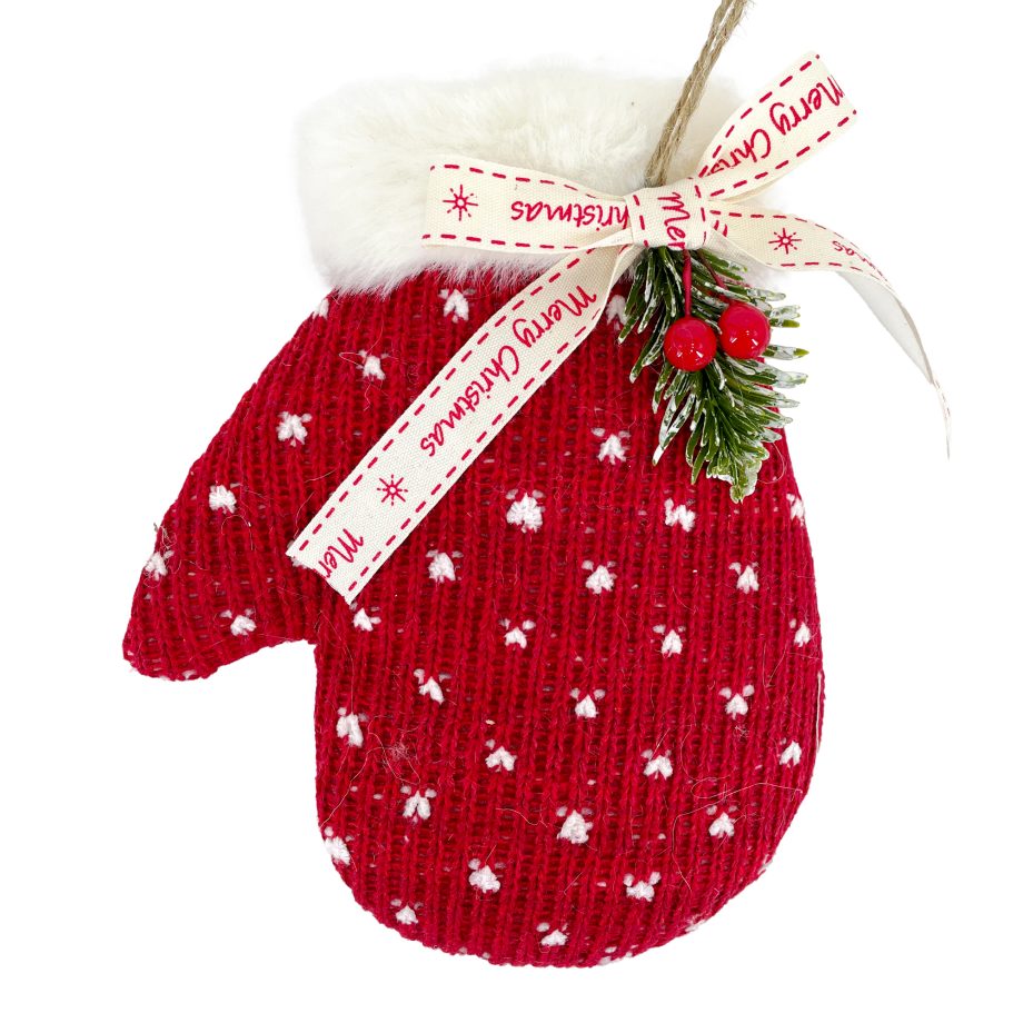 ORN KNITTED FABRIC MITTEN 8" RED/WHITE W/ FUR TRIM, SNOWFLAKE-LIKE PATTERN & RIBBON