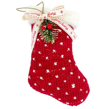 ORN KNITTED FABRIC STOCKING 9" RED/WHITE W/ FUR TRIM, SNOWFLAKE-LIKE PATTERN & RIBBON