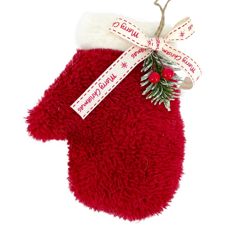 ORN MITTEN FLEECE 8" RED/WHITE W/ FUR TRIM & "MERRY CHRISTMAS" RIBBON