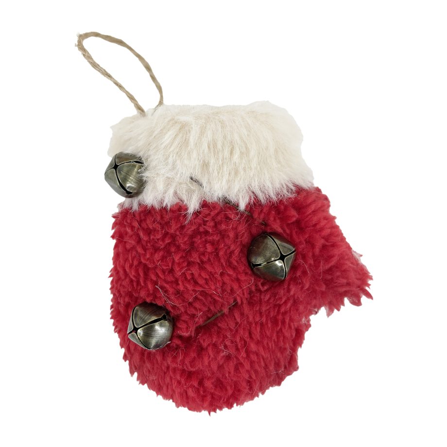 ORN MITTEN FLEECE 4" RED/BRONZE W/ FUR TRIM & BELLS