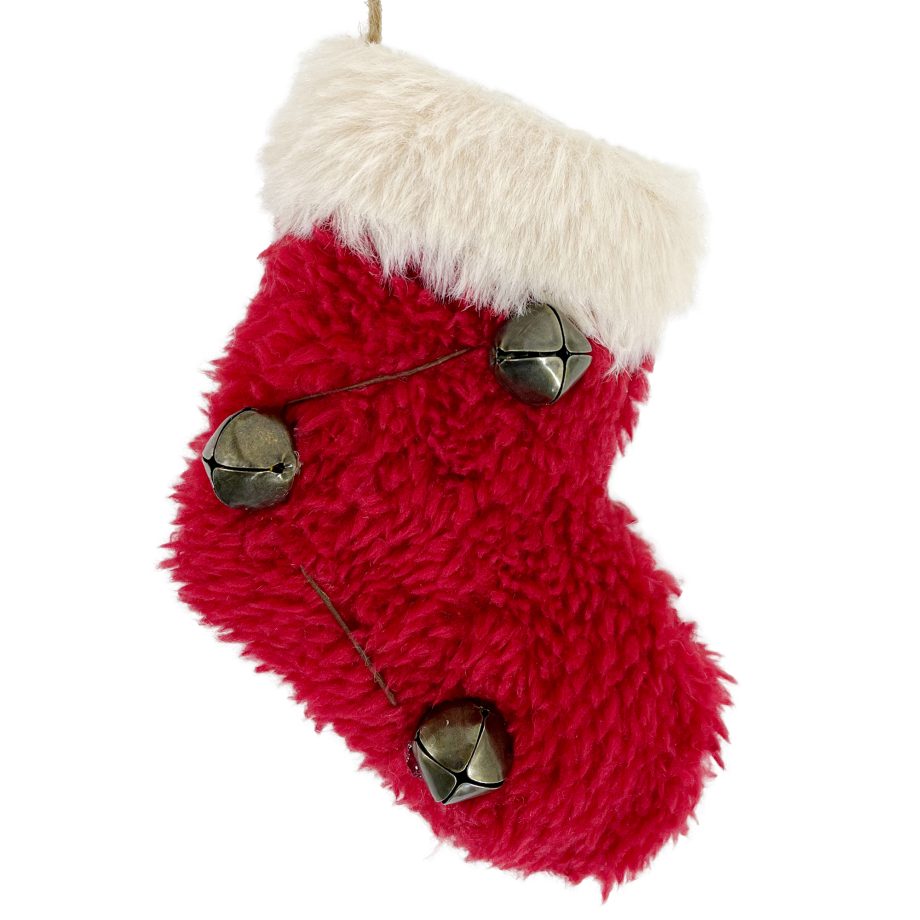 ORN STOCKING FLEECE 4" RED/BRONZE W/ FUR TRIM & BELLS