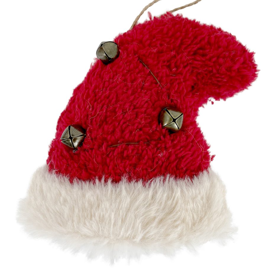 ORN HAT (CURVED) FLEECE 5" RED/BRONZE W/ FUR TRIM & BELLS