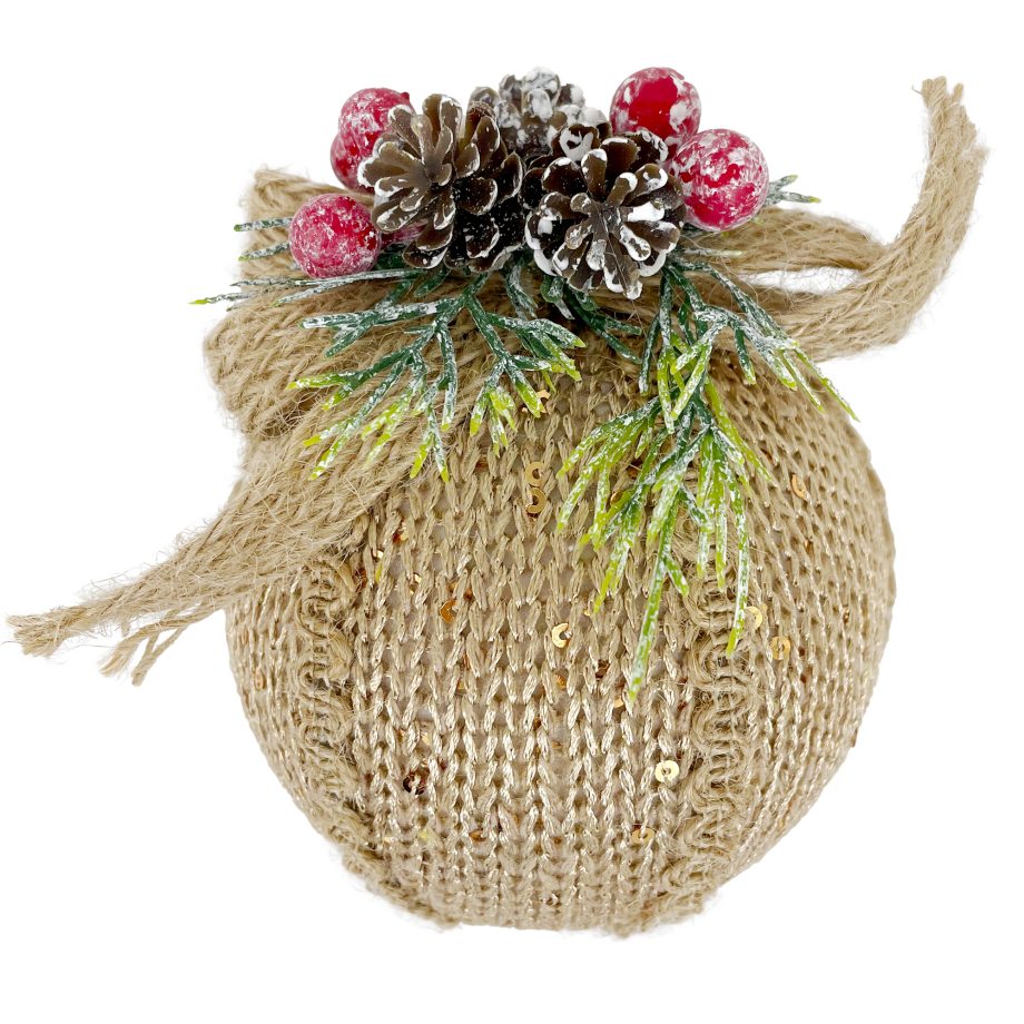 BALL FABRIC WOVEN 5" CHAMPAGNE W/ BOW OF PINE CONE & BERRIES