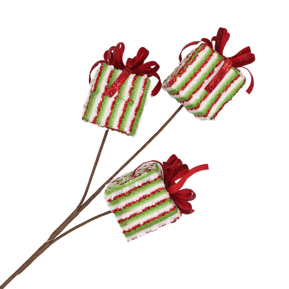 SPRAY GIFT BOX 3-PC GRINCH/ELF RED/WHT/GREEN 25" FABRIC FUR STRIPES W/ BOW