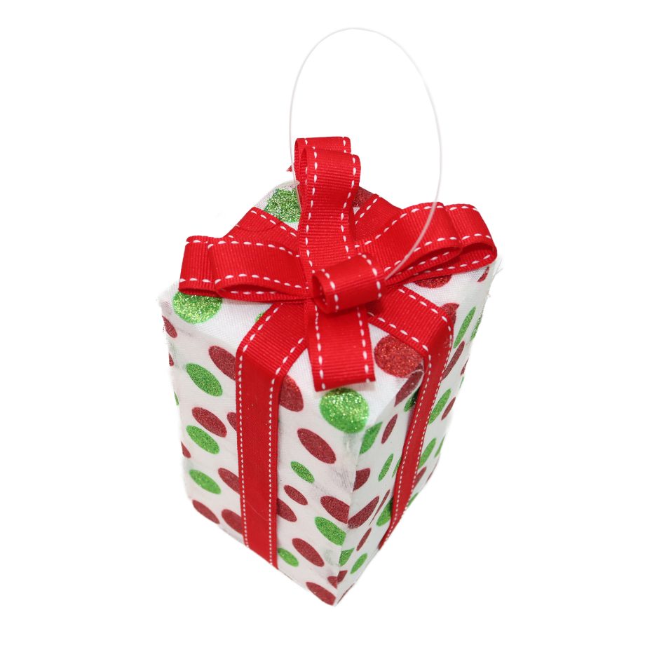 GIFT BOX HANGING ELF/GRINCH RED/WHT/GREEN 7" FABRIC POLKA DOT W/ BOW