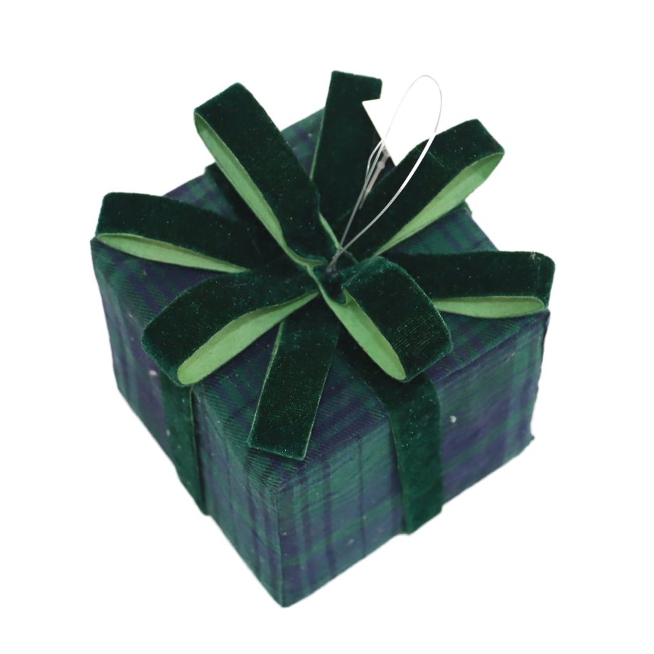 ORN GIFT BOX VELVET EMERALD GREEN 4" PLAID 2-TONE W/ BOW