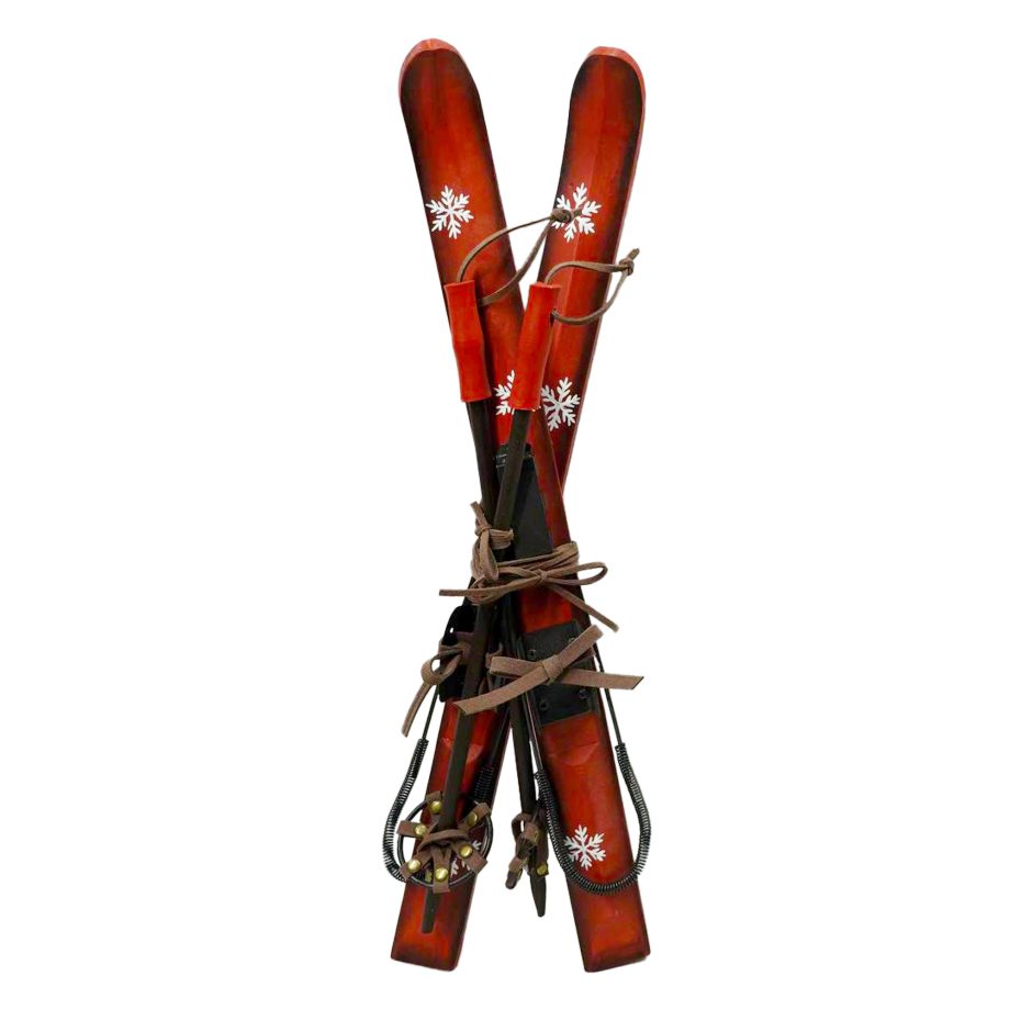 ORN WOODEN RED/NATURAL SKI 19.5" W/ SNOWFLAKE PRINT